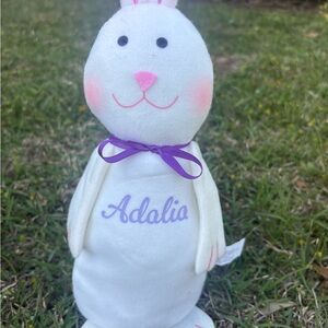 Personalized White Plush Bunny with Purple Ribbon